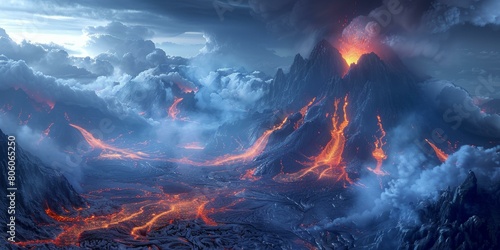 Lava Flowing Down a Mountainside During a Volcanic Eruption photo