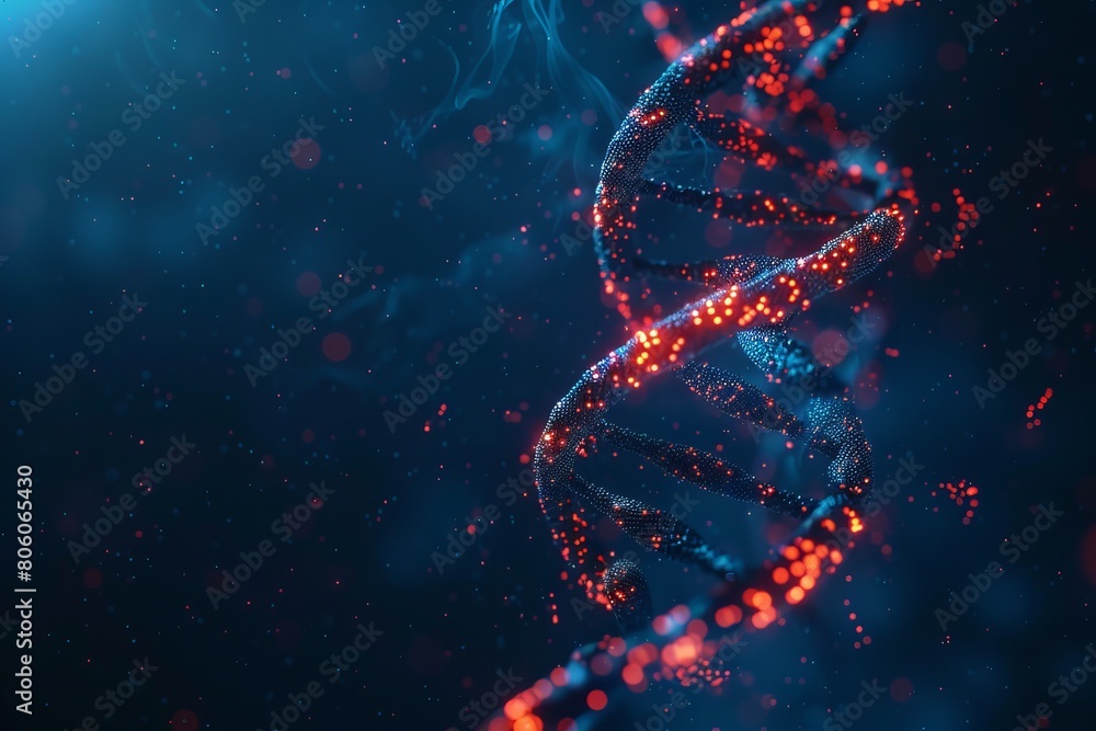 Obraz premium Blue and red particles dna helix glowing over dark blue background. Concept of genetics, science and medicine. Biotech. 3d rendering copy space toned image
