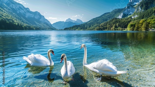 Two white swans on a lake with beautiful mountain views.AI generated image photo