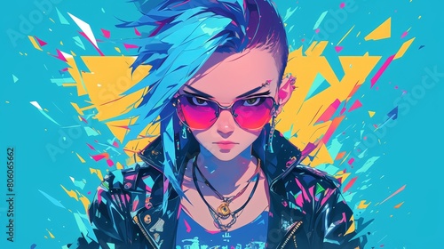 A punk girl with spiky hair, wearing sunglasses and an oversized leather jacket over her t-shirt. She has piercings on both ears and wears many necklaces around her shoulders. 