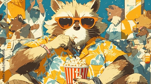 A raccoon wearing sunglasses and eating popcorn in front of the movie theater photo