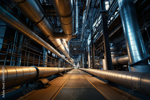 Extensive array of stainless steel pipes and conduits in an industrial setting. Metallic aesthetic conveys a sense of precision and efficiency, it ideal for industry, manufacturing, and technology photo