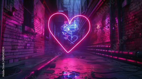 A neon heart frame illuminating a deserted warehouse district, its vibrant hues painting the abandoned structures with an otherworldly glow