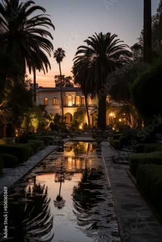 A beautiful mansion with a reflecting pool in front of it