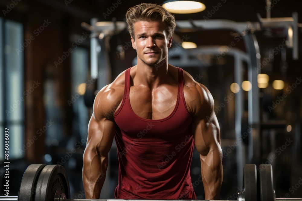 muscular man in red tank top standing in front of barbells muscular man in red tank top standing in front of barbells