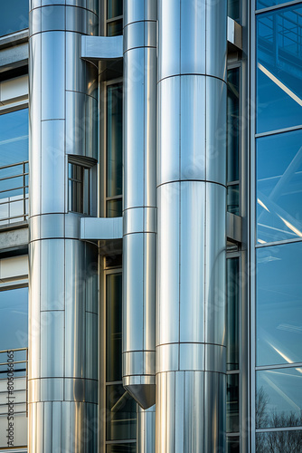 Stainless steel ventilation pipes and tubes on the exterior of a glass industrial building wall. Modern architectural style photo