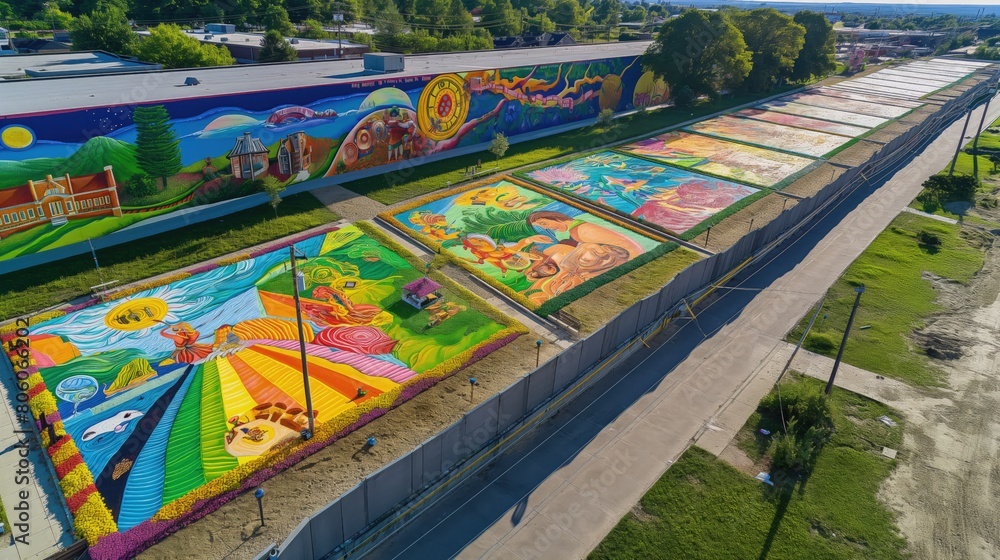 A series of large, colorful murals created as part of an outdoor art festival, each depicting themes of summer and community.
