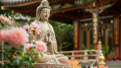 A stone statue of a bodhisattva surrounded by pink flowers photo