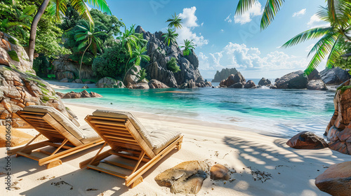 Idyllic Seychelles Beach with Granite Boulders and Palm Trees  Tranquil Turquoise Waters Under Sunny Skies