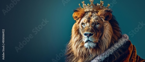 A closeup halfbody of a charismatic alpha male lion dressed as a king