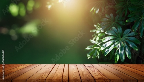 Green background with a shade of plants and soft light in room wooden floor blurry