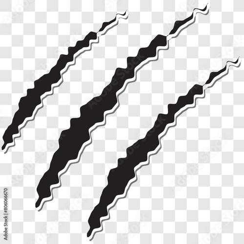 Claws scratches, animal monster mark design element, tattoo and decor for Halloween. Black vector silhouette.