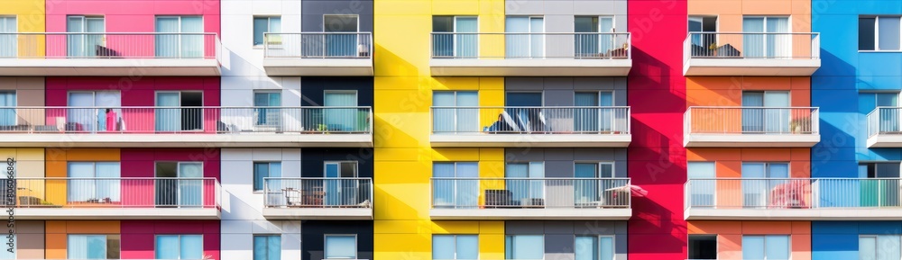 Fototapeta premium Vibrant Living: Residential Complex Building Featuring Colorful Bay Windows Exterior