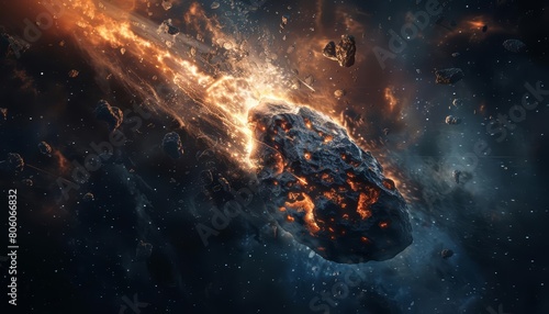 A huge gigantic burning asteroid in space dominates the futuristic space banner, flying towards planet Earth with dramatic flair, Sharpen banner template with copy space on center photo