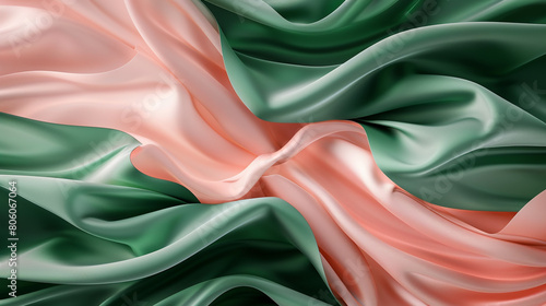 A gentle fusion of blush pink and forest green waves, intertwining in a soft and natural manner that suggests the gentle touch of spring's first blossoms.