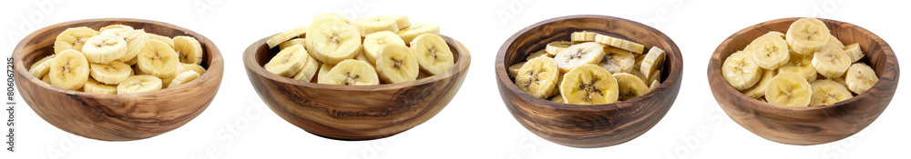 Banana slices in a wooden bowl, png set