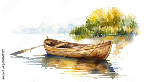 A watercolor painting of a simple wooden boat floating on a calm river, Clipart isolated on white background photo