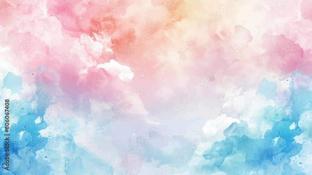Colorful pastel watercolor background with a soft abstract cloud texture, soft color blending creating a dreamy and gentle atmosphere.