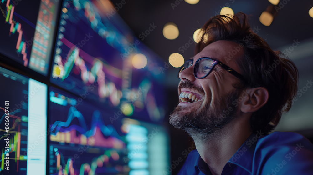 Obraz premium trader looking at the stock market going up and laughing