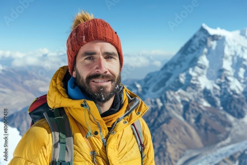About realistic portrait of a mountain guide leading a climb on snowy peaks