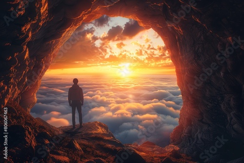 Majestic View of a Sunset Over Clouds from a Mountain Cave 