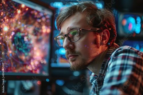 About realistic portrait of an astrophysicist observing stellar data on a monitor photo