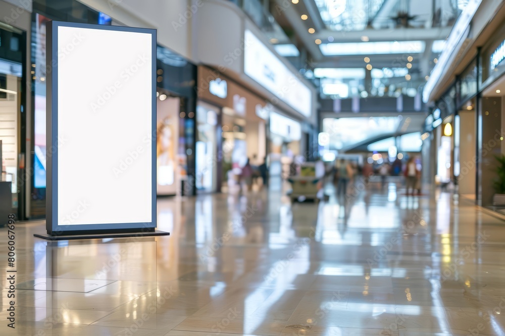 Amid the chaos of a blur shopping mall, the creative white blank mockup stands as a beacon for special offers, white blank poster billboard Sharpen with large copy space Amid the chaos of a blur shopping mall, the creative white blank mockup stands as a beacon for special offers, white blank poster billboard Sharpen with large copy space