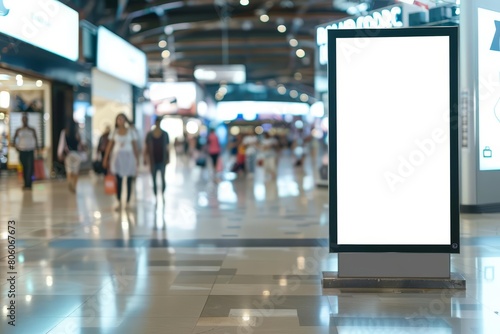 Amid the chaos of a blur shopping mall, the creative white blank mockup stands as a beacon for special offers, white blank poster billboard Sharpen with large copy space