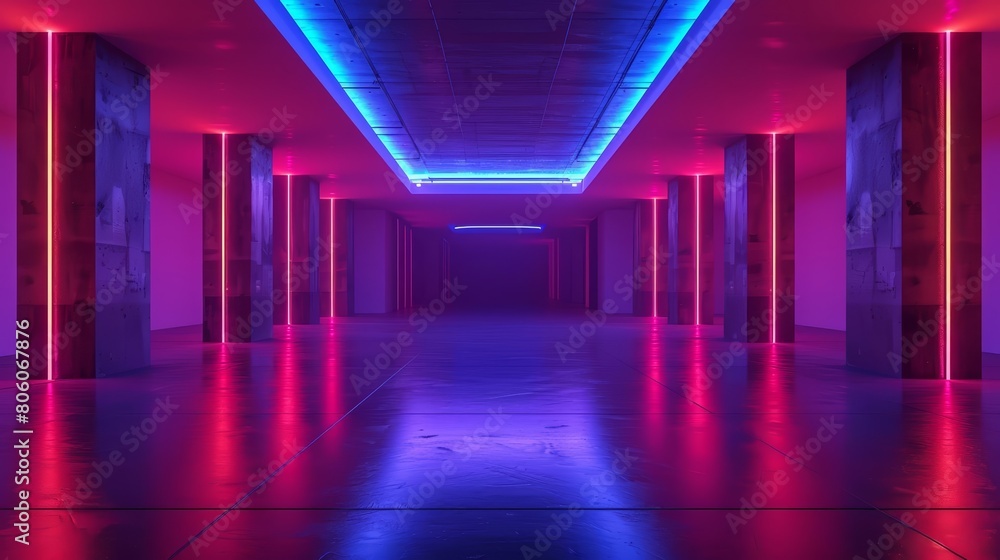 An empty dark room illuminated only by the eerie glow of neon lights depicts a futuristic An empty dark room illuminated only by the eerie glow of neon lights depicts a futuristic