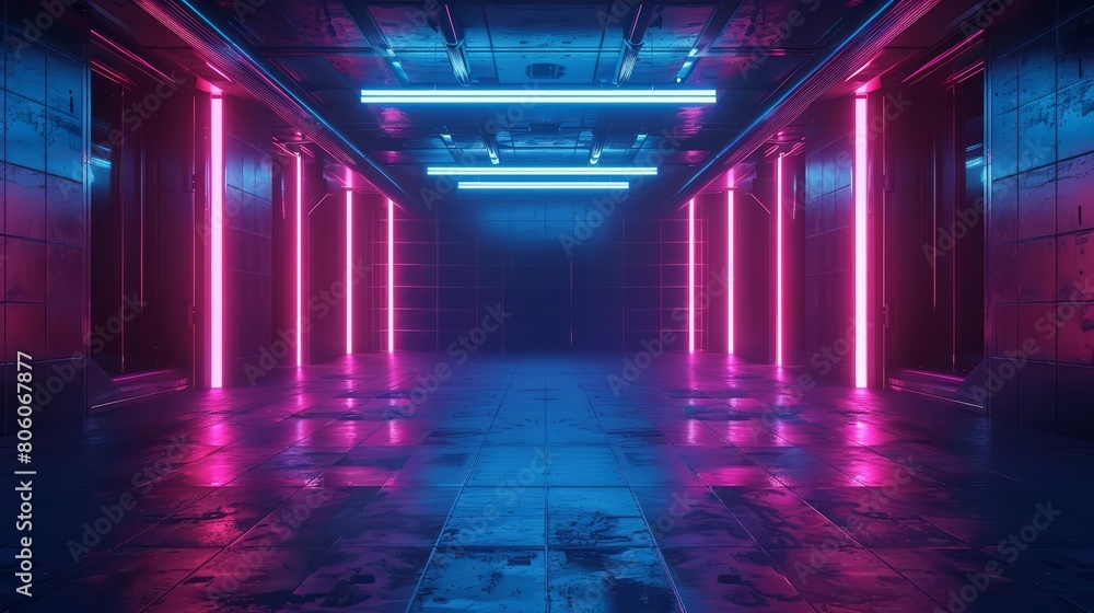 An empty dark room illuminated only by the eerie glow of neon lights depicts a futuristic An empty dark room illuminated only by the eerie glow of neon lights depicts a futuristic