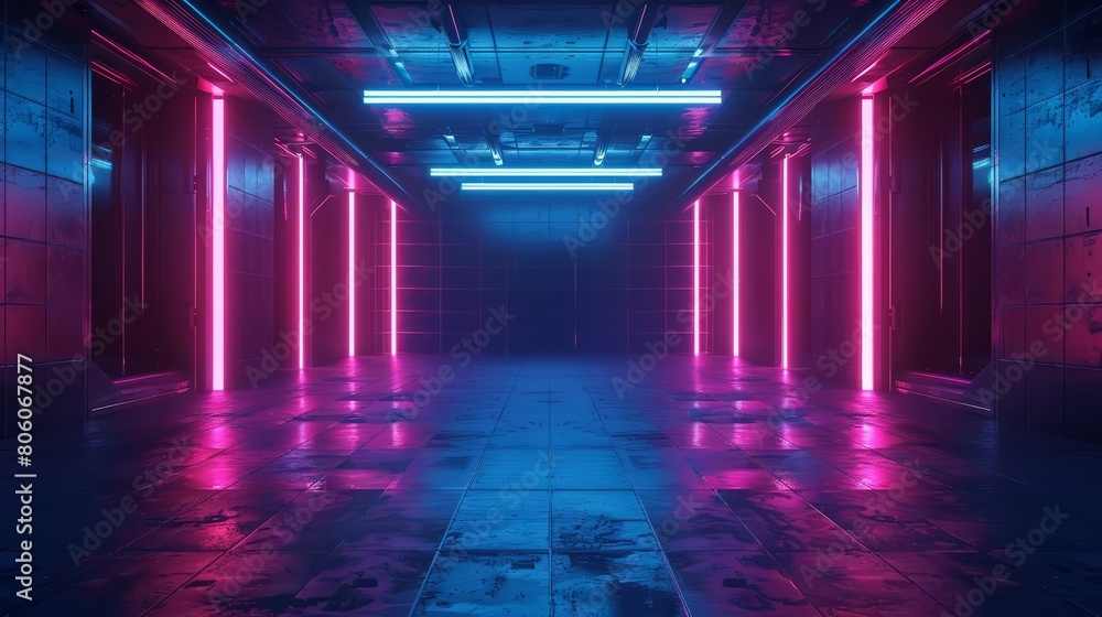 An empty dark room illuminated only by the eerie glow of neon lights depicts a futuristic