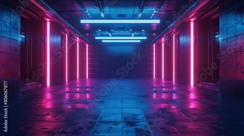An empty dark room illuminated only by the eerie glow of neon lights depicts a futuristic