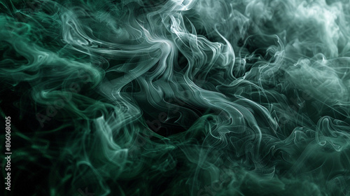 A mysterious and moody abstract of smoke in dark green and black, swirling intensely against a shadowy background, evoking a sense of mystery and intrigue.