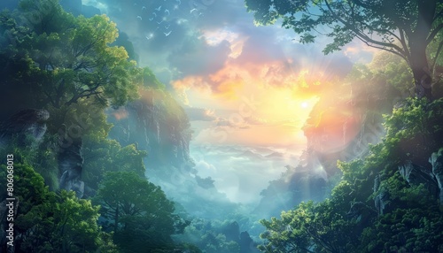 Beautiful fantasy landscape merges dreamlike vistas with reality, Sharpen banner template with copy space on center