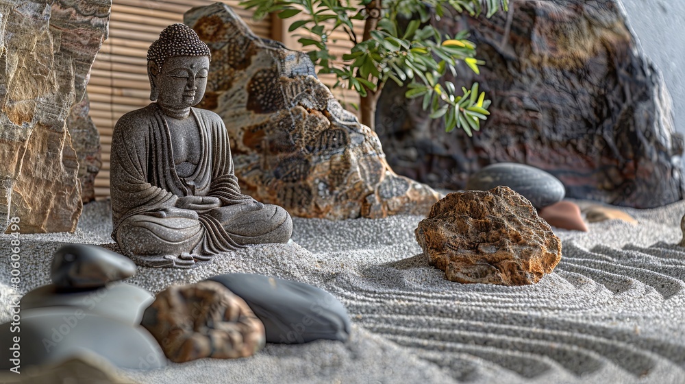 A Zen garden with raked sand, rocks, and greenery under soft light. A Zen garden with raked sand, rocks, and greenery under soft light.