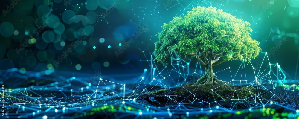 Explore ecological IT development with an illustration of a growing tree in cyberspace, symbolizing techsavvy environmentalism, Sharpen banner template with copy space on center Explore ecological IT development with an illustration of a growing tree in cyberspace, symbolizing techsavvy environmentalism, Sharpen banner template with copy space on center