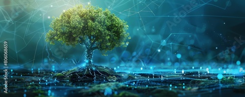 Explore ecological IT development with an illustration of a growing tree in cyberspace, symbolizing techsavvy environmentalism, Sharpen banner template with copy space on center photo