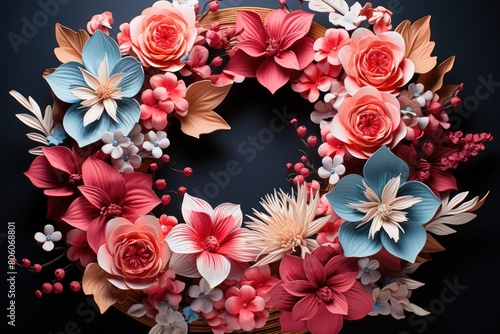 Pink and blue Flowers blooming on dark background