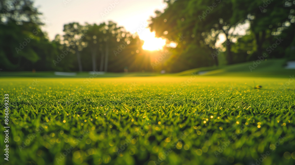 Obraz premium green golf course close-up on the grass, trees background soft sunset light Smooth green grass neatly trimmed lawn Wide view of manicured lawn background yellow-green grass beautiful stripes 