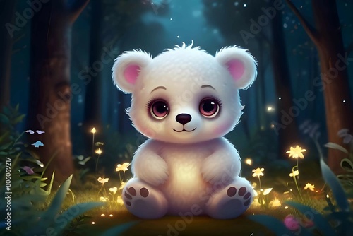 A white mystical baby Bear creature with big eyes and eyelashes © AnimalReincarnation