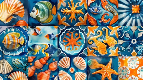 ceramic tile glossy colorful pattern sea themed, corals, shells, fish, vibrant, tile pattern, moroccan tile