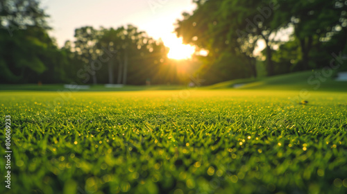 green golf course close-up on the grass, trees background soft sunset light Smooth green grass neatly trimmed lawn Wide view of manicured lawn background yellow-green grass beautiful stripes  photo