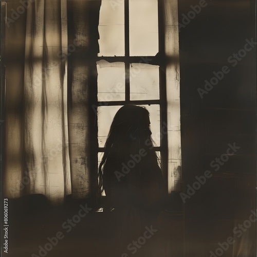hand-tinted b&w photograph, long hair woman at window, silhouetted, mysterious, sharp outlines. photo