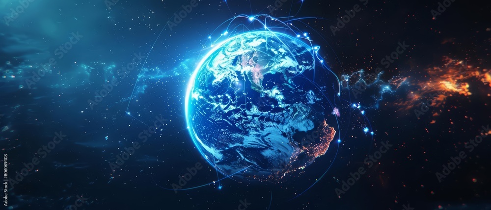 Obraz premium In the illustration, Earth is enveloped by glowing network lines in cyberspace, highlighting the interconnected nature of continents, Sharpen with copy space