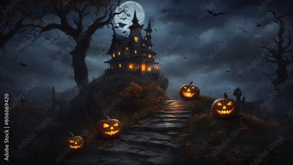 Fototapeta premium Halloween background with a house situated atop a hill and pumpkins along a path