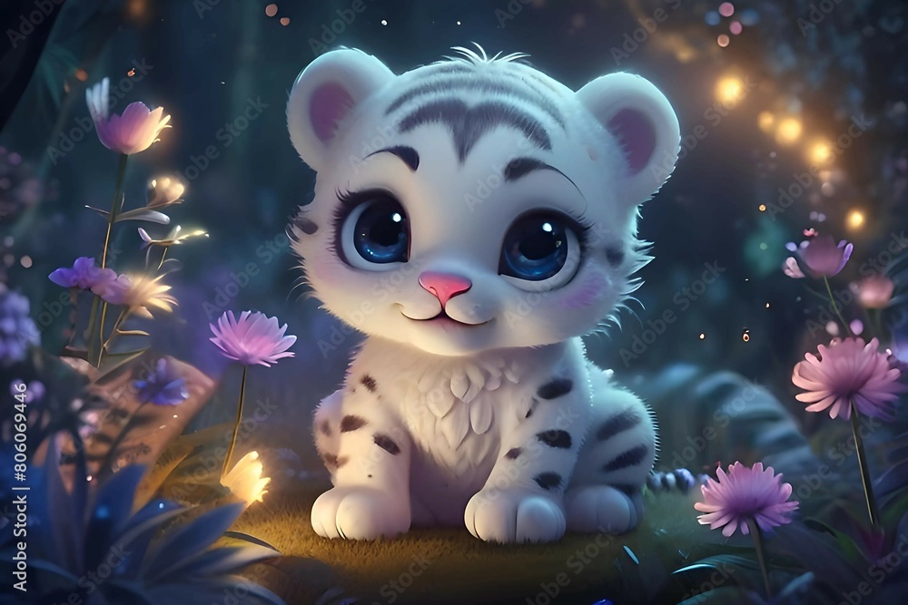 A white mystical baby Tiger creature with big eyes and eyelashes A white mystical baby Tiger creature with big eyes and eyelashes
