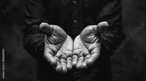Ramadhan Kareem concept: A muslim prayer open two empty hands with palms up on dark room background photo