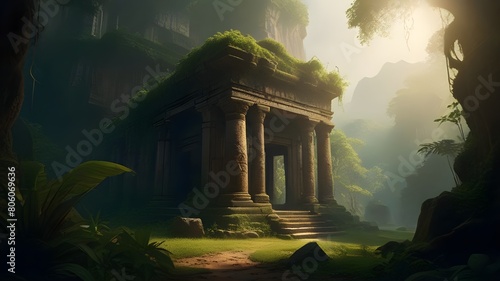 an ancient temple ruins in a lush jungle setting photo