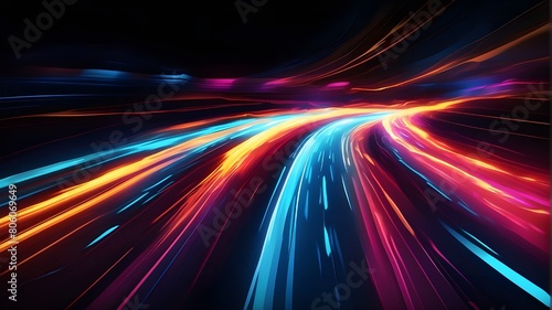 vibrant light trails with a moving picture feel. Illustration of a fast-moving light effect set against a dark background.