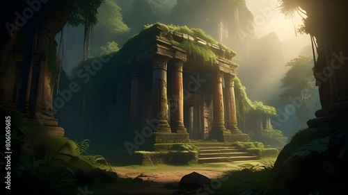 an ancient temple ruins in a lush jungle setting photo